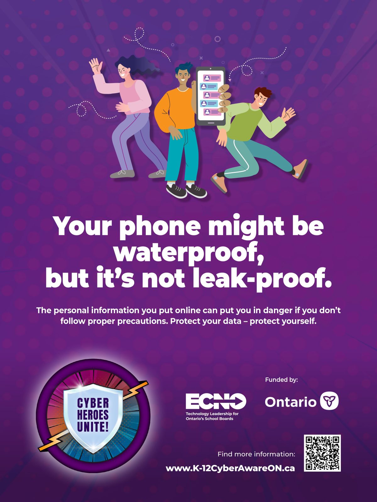 Graphic with the words 'Your phone might be waterproof, but it's not leak-proof. The personal information you put online can put you in danger if you don't follow proper precautions. Protect your data - protect yourself.' It includes a QR code that links to https://www.ecno.org/wp-content/uploads/2024/09/ECNO-CAM-24-Infosheets-E-_Part4.pdf
