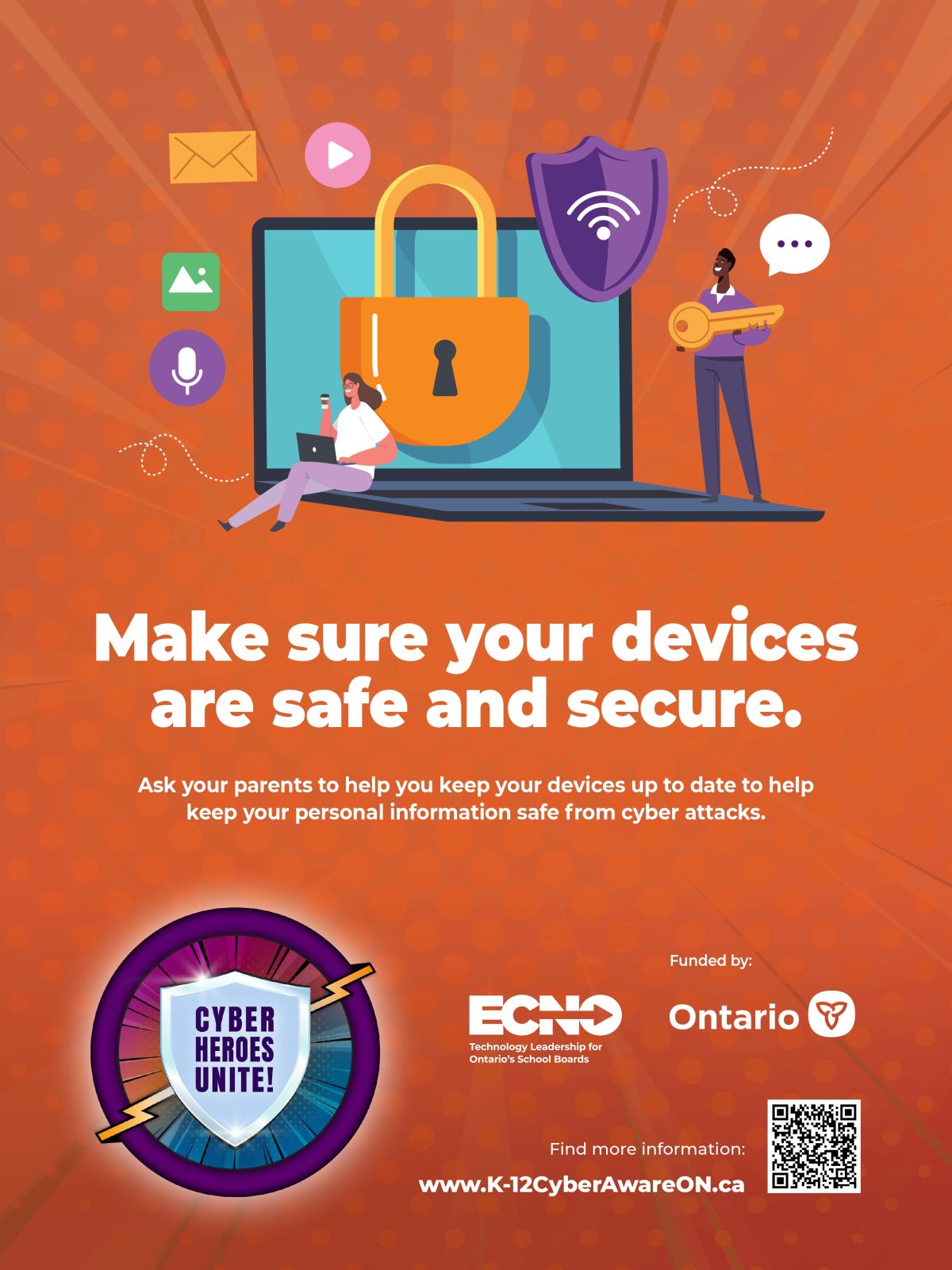 Graphic with the words 'Make sure your devices are safe and secure. Keep your devices and software up to date to keep your personal information and materials safe from malicious malware and cyber attacks.' It includes a QR code that links to https://www.ecno.org/wp-content/uploads/2024/09/ECNO-CAM-24-Infosheets-E-_Part1.pdf