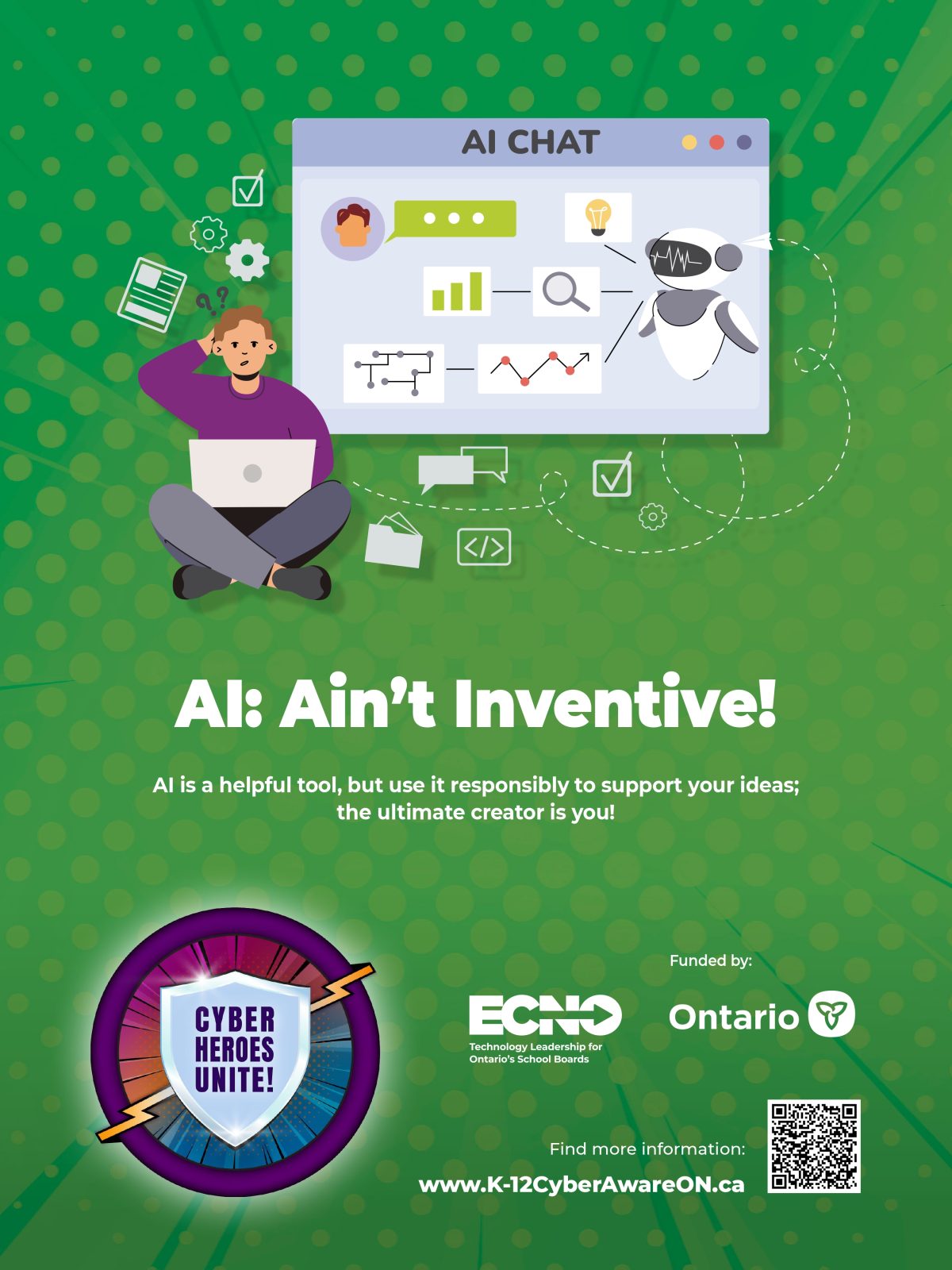 Graphic with the words 'AI: Ain't Inventive! By leaning on AI-generated content, we might not develop our own creative thoughts and ideas.' It includes a QR code that links to https://www.ecno.org/wp-content/uploads/2024/09/ECNO-CAM-24-Infosheets-E-_Part12.pdf