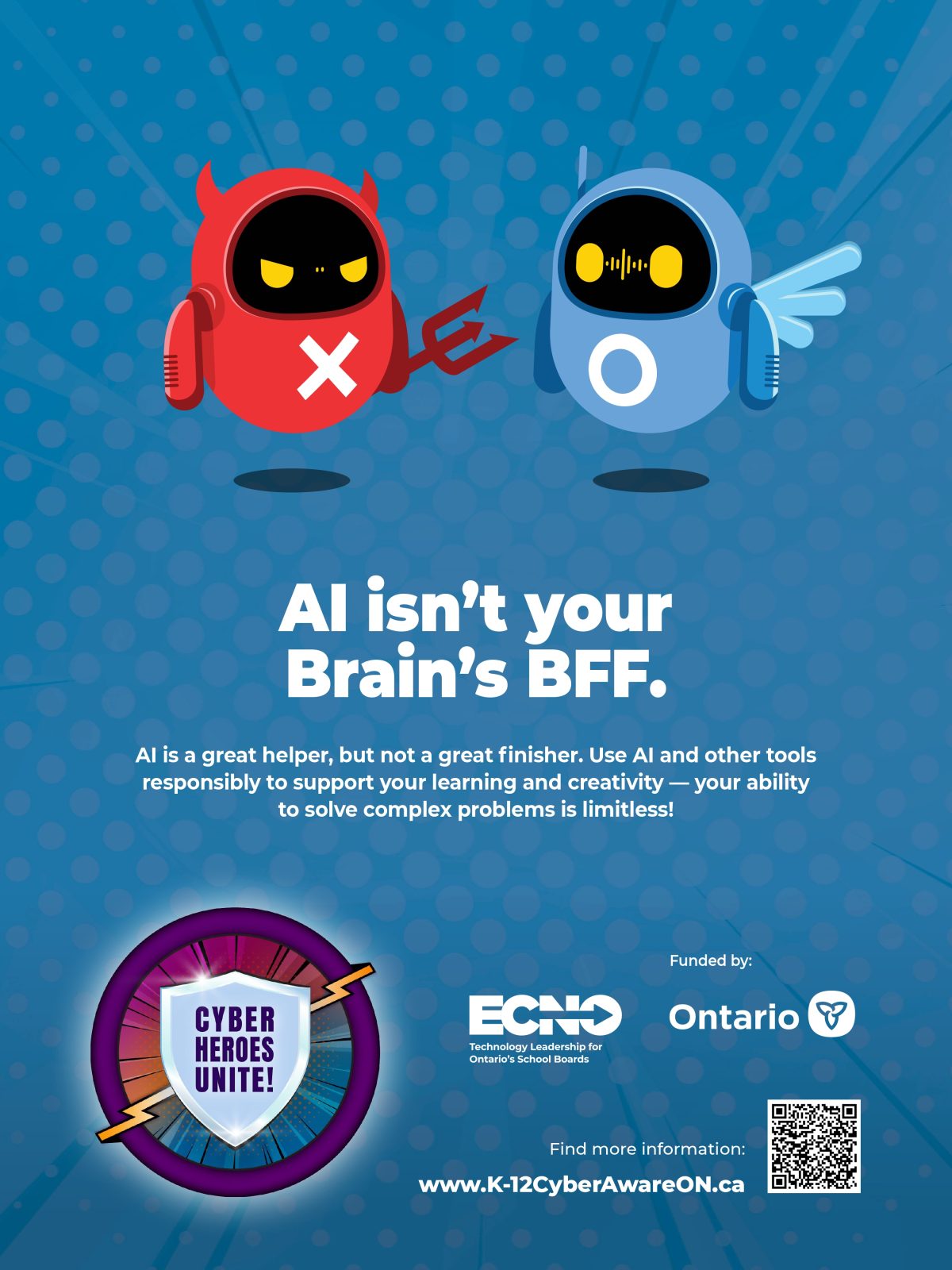 Graphic with the words 'AI isn't your brain's BFF. Facing challenges is part of the learning process. If you rely on AI for complex tasks, you might miss out on personal and intellectual growth opportunities.' It includes a QR code that links to https://www.ecno.org/wp-content/uploads/2024/09/ECNO-CAM-24-Infosheets-E-_Part12.pdf