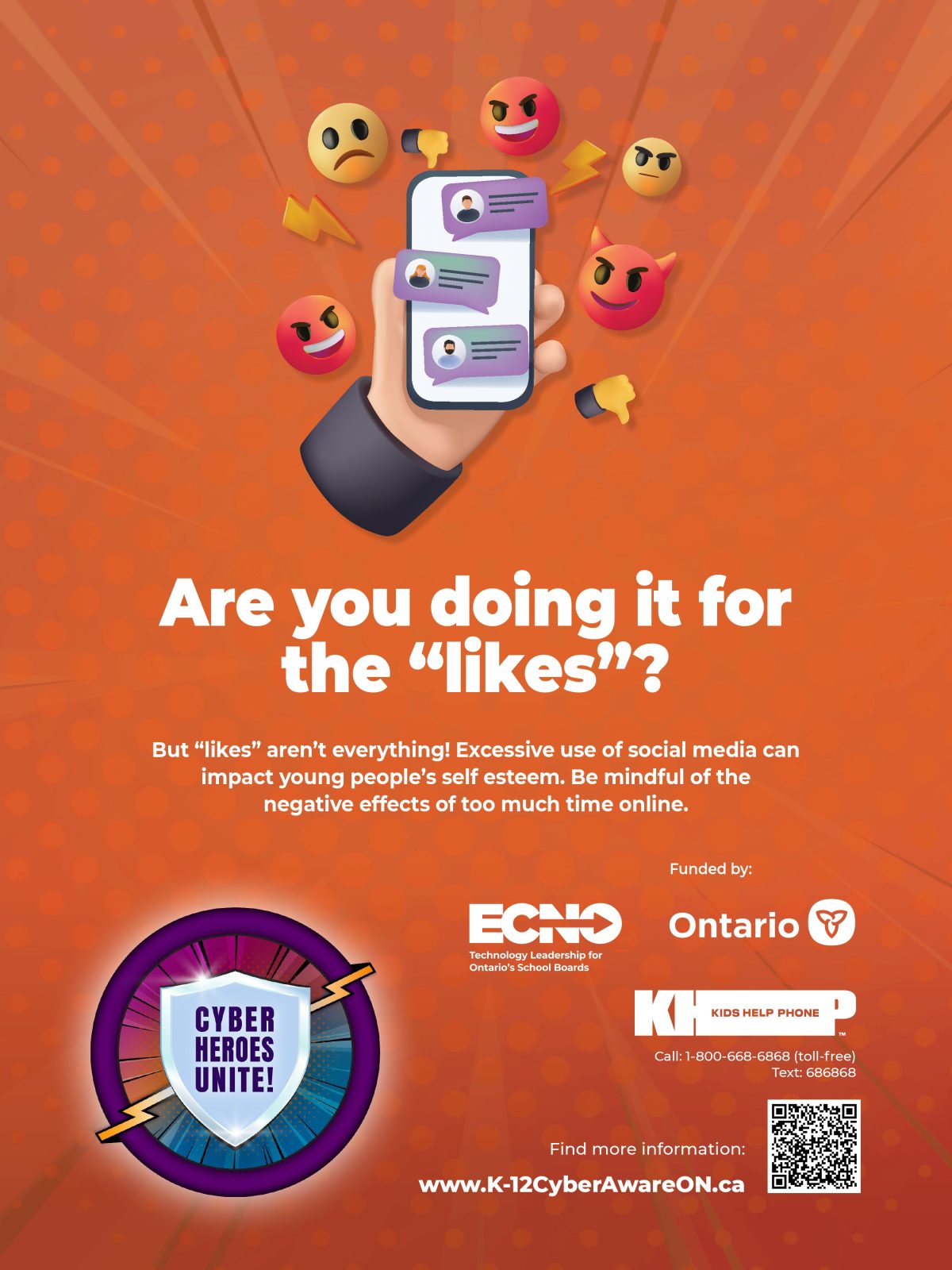 Graphic with the words 'Are you doing it for the likes? Excessive use of social media can impact young people's self esteem. Be mindful of the negative effects of too much time online.' It includes a QR code that links to https://www.ecno.org/wp-content/uploads/2024/09/ECNO-CAM-24-Infosheets-E-_Part9.pdf