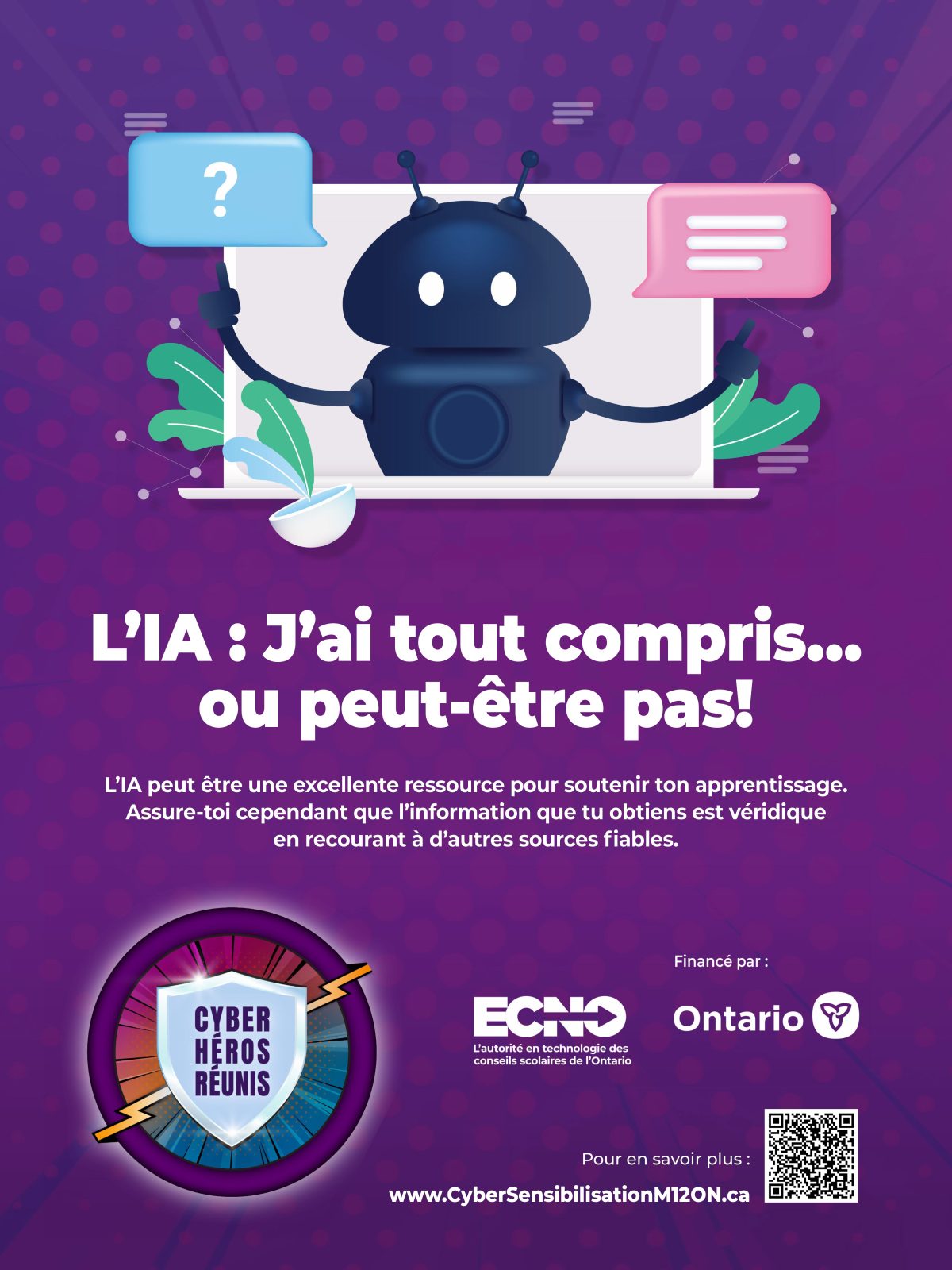 Graphique avec les mots « L’IA : J’ai tout compris… ou peut-être pas! En nous appuyant systématiquement au contenu généré par l’IA, nous risquons de ne pas développer nos propres i et idées ingénieuses. » Il comprend un code QR